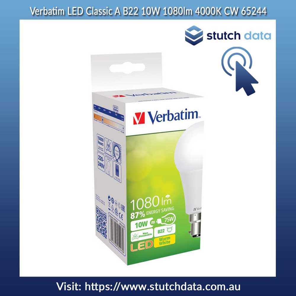 Image of Verbatim LED Classic A B22 10W 1080lm 4000K CW 65244 Bayonet Base Light Bulb in product box